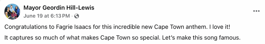 A Facebook post celebrating The Cape Town song.
