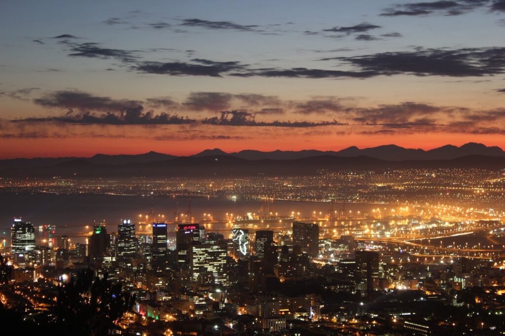Aerial view of Long Street in Cape Town at dawn.