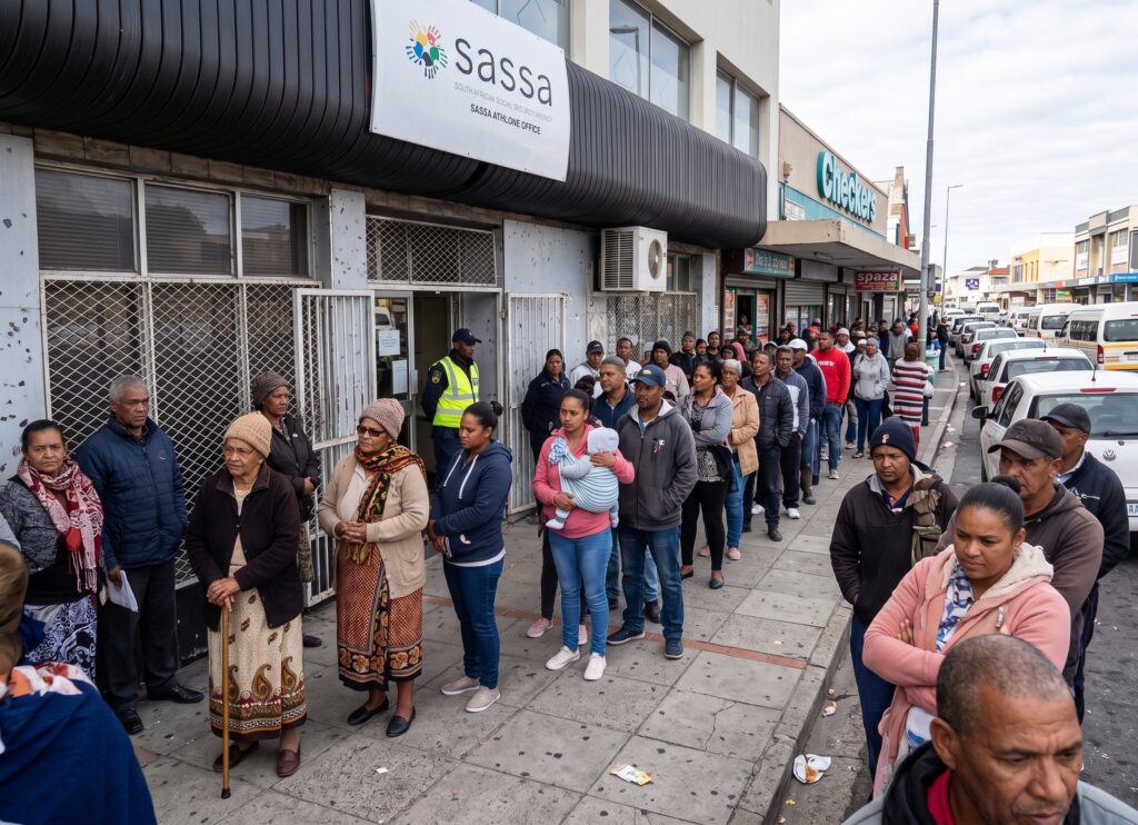 An AI generated image of beneficiaries queueing outside an branch office of the South African Social Security Agency.