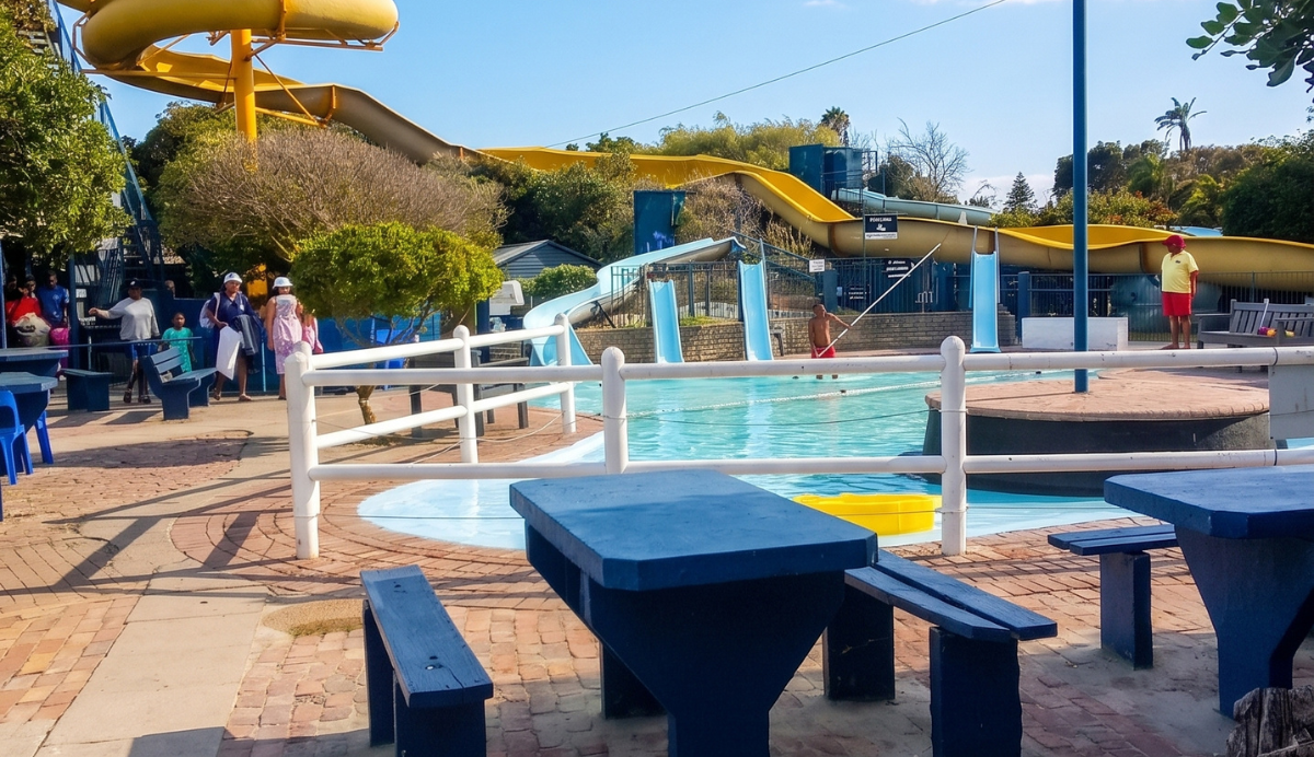 Milterton Water Park pool area with slides in the background.