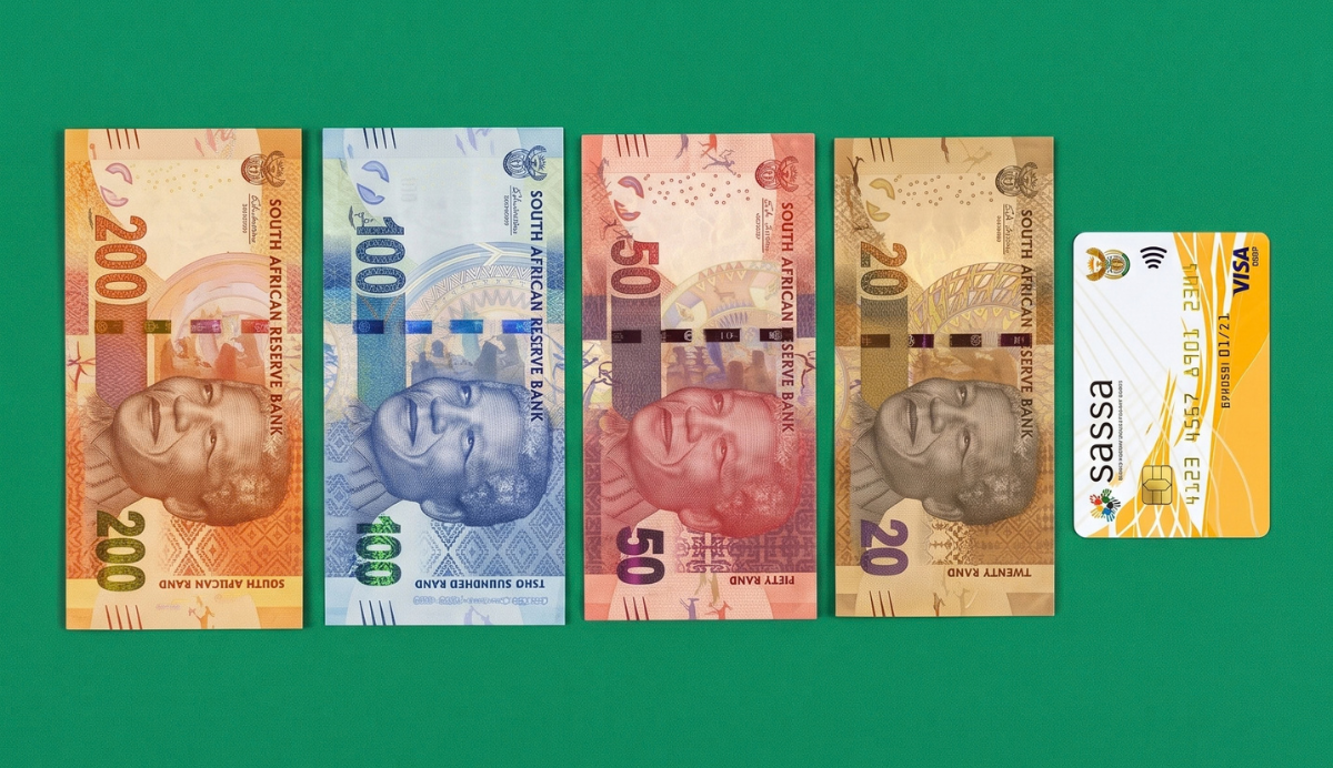 R270 in cash next to a SASSA card on a green background.